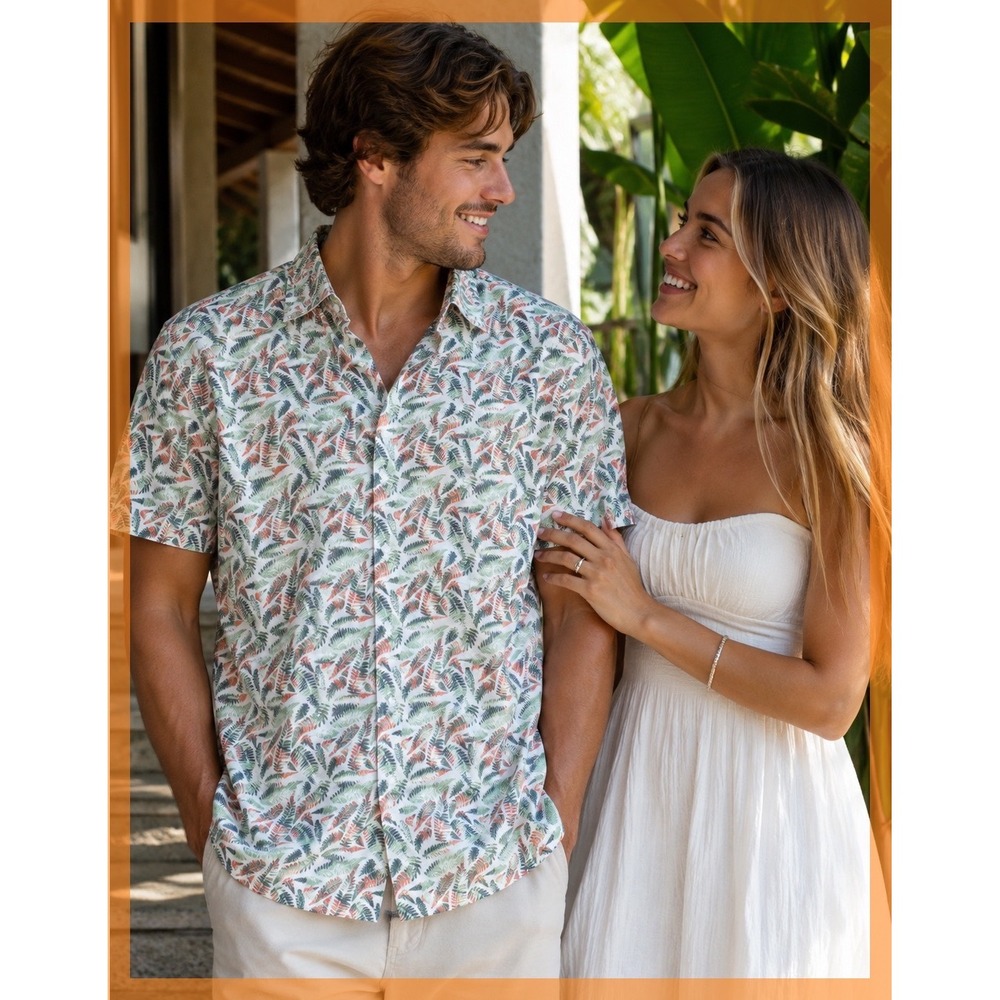 Coastal Fern Print Performance Button-Up Shirt Resort Fishing Camp Casual CL